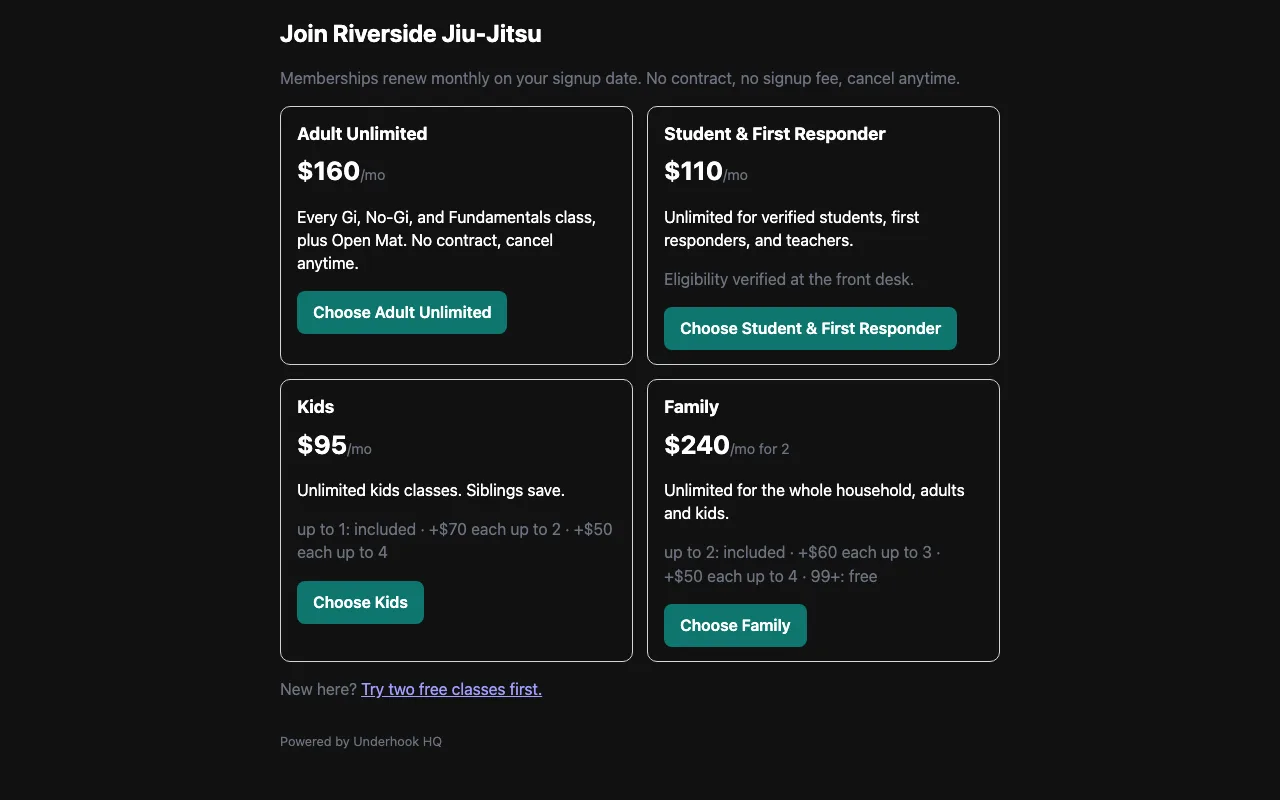 Membership signup with plan cards including kids and family tiers
