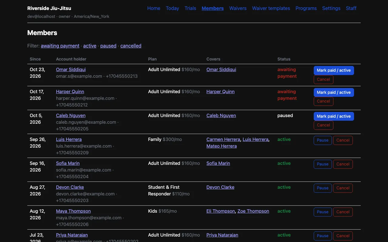 The members list with plans, people covered, and payment status